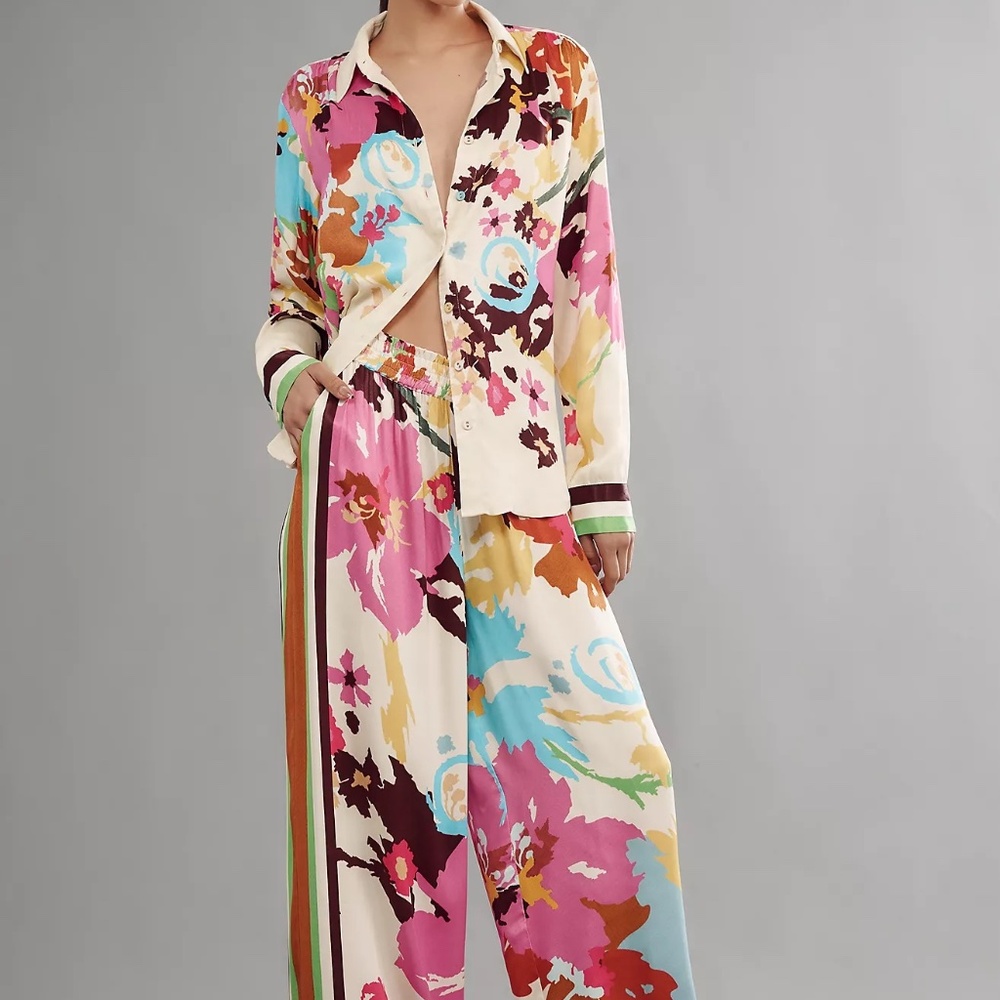 Anthropologie Conditions Apply Imara Satin Wide Leg Pants & Blouse Shirt Set- XL